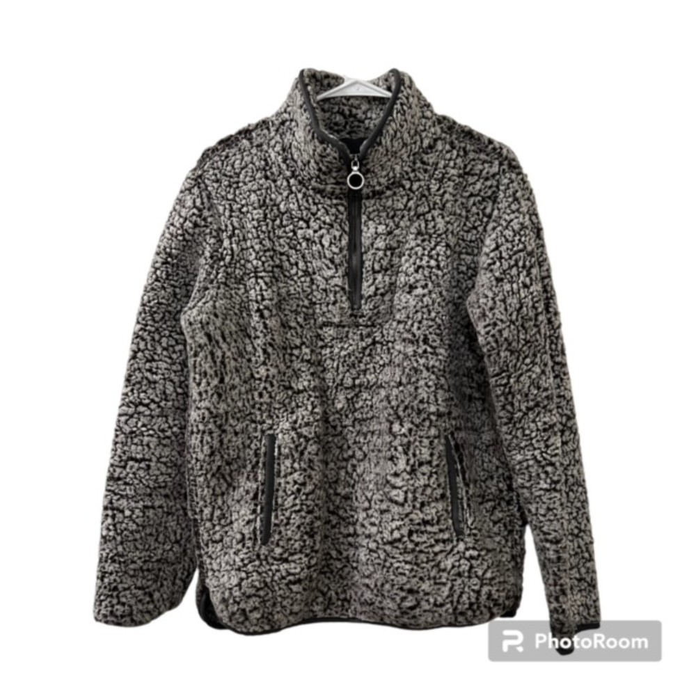 Thread & Supply Black White Sherpa Mock Neck 1/4 Zip LS Sweater Sz Small